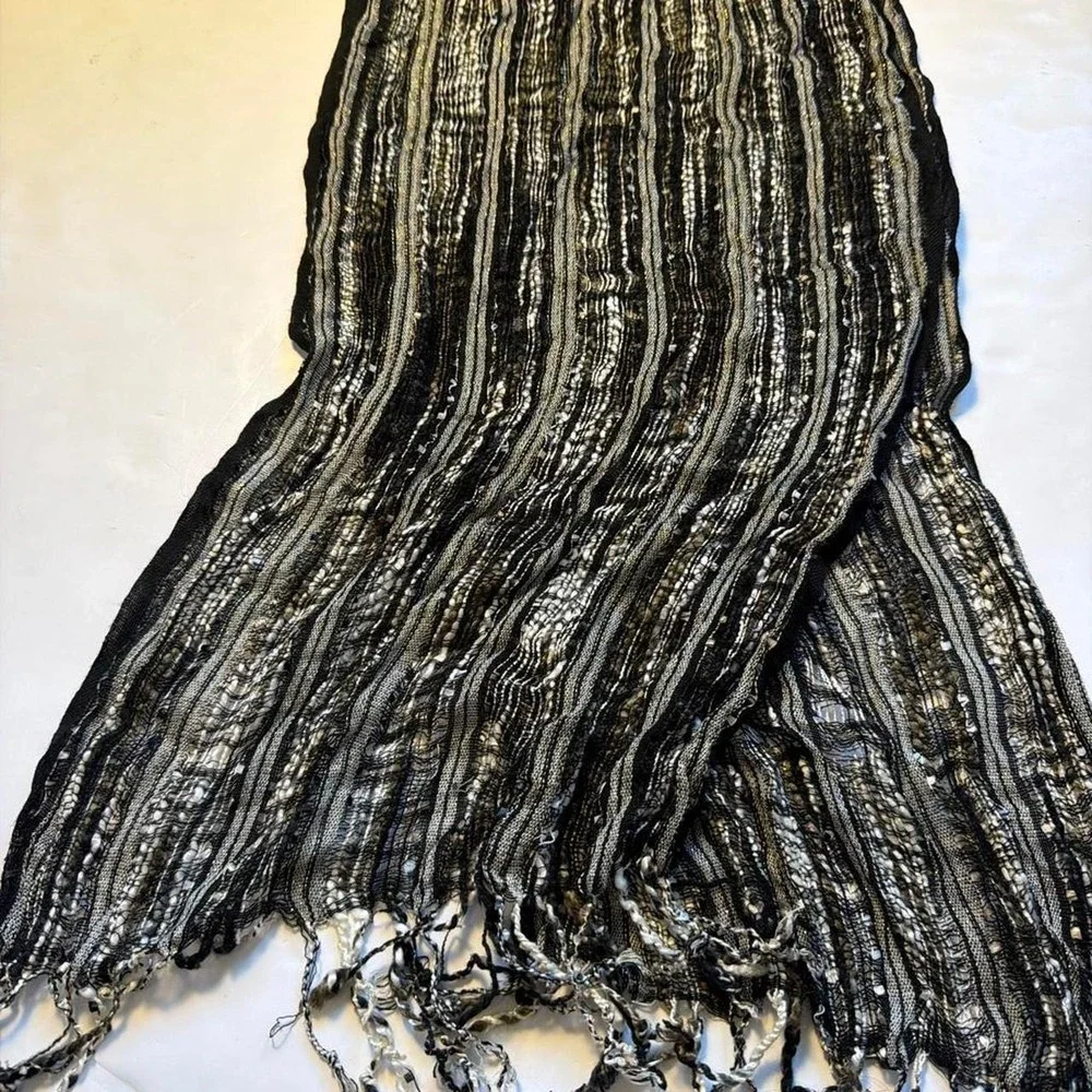 Vintage Y2K Sequin Fringe Scarf Black Brown Silver Boho Festival Knit Wrap